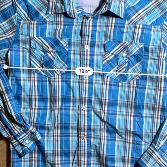 PD&C Men Large Blue Plaid Button-Up Collared Pocket Long Sleeve Causal‎ Shirt - Picture 5 of 7